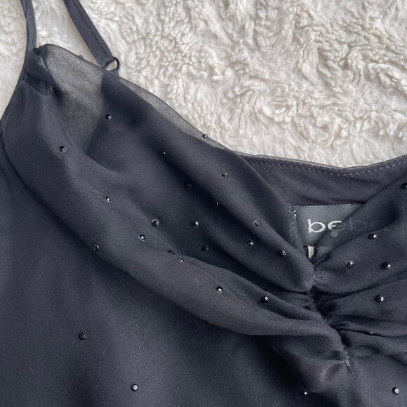 Bebe silk rhinestone beaded slip dress chiffon cocktail midi black ruched bust S - Picture 6 of 15